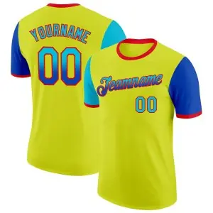 Custom Neon Yellow Lakes Blue Thunder Blue-Fire Red Gradient Two Tone Performance T-Shirt
