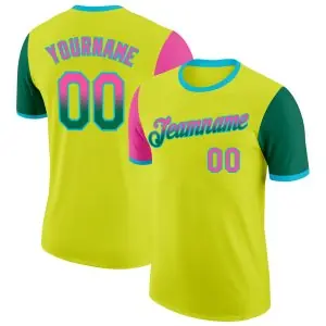 Custom Neon Yellow Pink Kelly Green-Lakes Blue Gradient Two Tone Performance T-Shirt