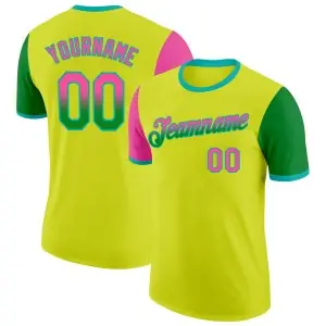 Custom Neon Yellow Pink Grass Green-Aqua Gradient Two Tone Performance T-Shirt