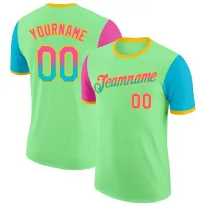 Custom Pea Green Pink Lakes Blue-Yellow Gradient Two Tone Performance T-Shirt