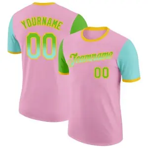 Custom Light Pink Aurora Green Ice Blue-Yellow Gradient Two Tone Performance T-Shirt