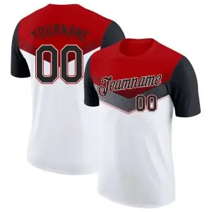 Custom Red Black-White Geometric V-Lines Color Block Performance T-Shirt