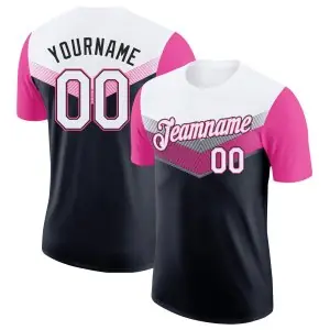 Custom White Black-Pink Geometric V-Lines Color Block Performance T-Shirt