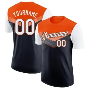 Custom Orange White-Black Geometric V-Lines Color Block Performance T-Shirt