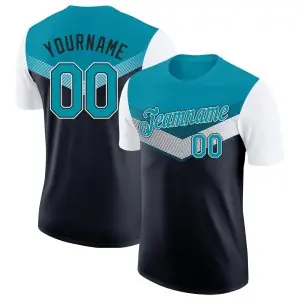 Custom Teal Black-White Geometric V-Lines Color Block Performance T-Shirt