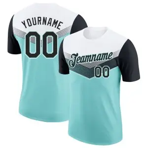 Custom White Black-Ice Blue Geometric V-Lines Color Block Performance T-Shirt