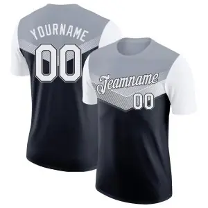 Custom Gray White-Black Geometric V-Lines Color Block Performance T-Shirt