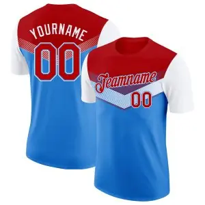 Custom Red Powder Blue-White Geometric V-Lines Color Block Performance T-Shirt