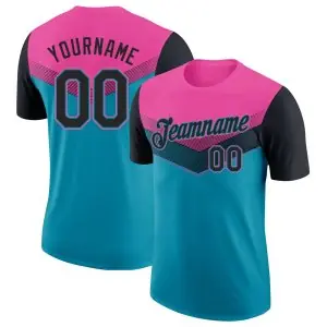 Custom Pink Black-Teal Geometric V-Lines Color Block Performance T-Shirt