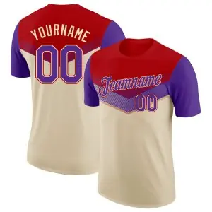 Custom Red Purple-Cream Geometric V-Lines Color Block Performance T-Shirt