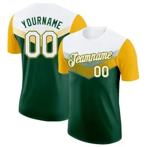 Custom White Green-Gold Geometric V-Lines Color Block Performance T-Shirt