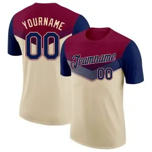 Custom Maroon Navy-Cream Geometric V-Lines Color Block Performance T-Shirt