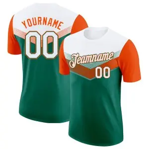 Custom White Kelly Green-Orange Geometric V-Lines Color Block Performance T-Shirt