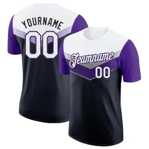 Custom White Black-Purple Geometric V-Lines Color Block Performance T-Shirt