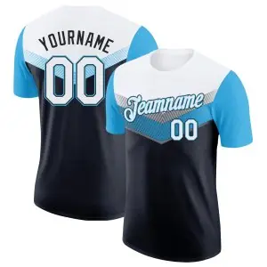 Custom White Black-Sky Blue Geometric V-Lines Color Block Performance T-Shirt