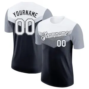 Custom White Black-Gray Geometric V-Lines Color Block Performance T-Shirt