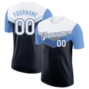 Custom White Black-Light Blue Geometric V-Lines Color Block Performance T-Shirt