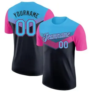 Custom Sky Blue Black-Pink Geometric V-Lines Color Block Performance T-Shirt
