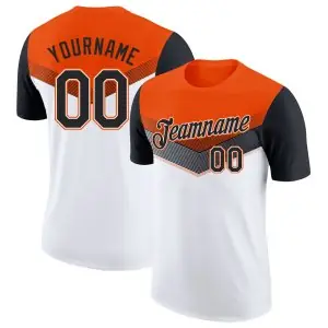 Custom Orange Black-White Geometric V-Lines Color Block Performance T-Shirt