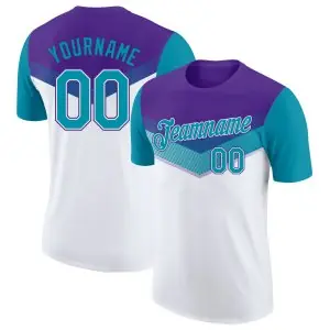 Custom Purple Teal-White Geometric V-Lines Color Block Performance T-Shirt