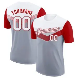 Custom White Gray-Red Geometric V-Lines Color Block Performance T-Shirt