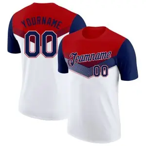 Custom Red Navy-White Geometric V-Lines Color Block Performance T-Shirt