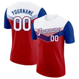 Custom White Red-Royal Geometric V-Lines Color Block Performance T-Shirt