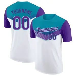 Custom Teal Purple-White Geometric V-Lines Color Block Performance T-Shirt