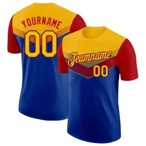 Custom Gold Royal-Red Geometric V-Lines Color Block Performance T-Shirt