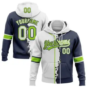 Custom Navy White-Neon Green Split Ripped Pattern Baseball Pullover Sweatshirt Hoodie