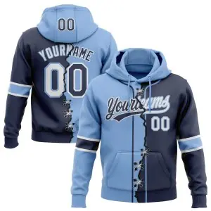 Custom Navy White-Light Blue Split Ripped Pattern Baseball Pullover Sweatshirt Hoodie