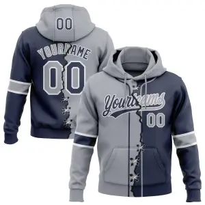Custom Navy Gray-White Split Ripped Pattern Baseball Pullover Sweatshirt Hoodie