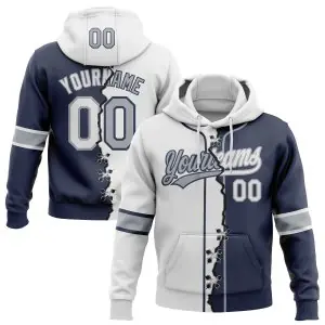 Custom Navy White-Gray Split Ripped Pattern Baseball Pullover Sweatshirt Hoodie
