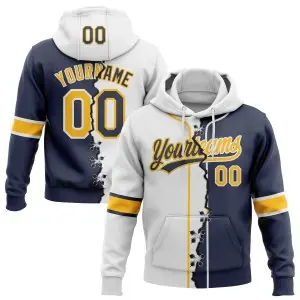 Custom Navy Gold-White Split Ripped Pattern Baseball Pullover Sweatshirt Hoodie