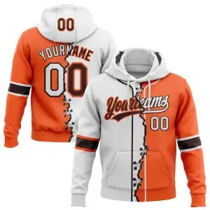 Custom Orange White-Brown Split Ripped Pattern Baseball Pullover Sweatshirt Hoodie