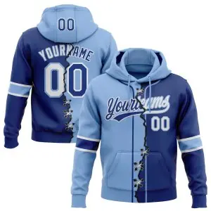 Custom Royal White-Light Blue Split Ripped Pattern Baseball Pullover Sweatshirt Hoodie