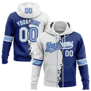 Custom Royal White-Light Blue Split Ripped Pattern Baseball Pullover Sweatshirt Hoodie