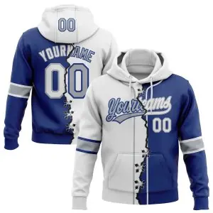 Custom Royal White-Gray Split Ripped Pattern Baseball Pullover Sweatshirt Hoodie