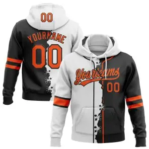 Custom Black Orange-White Split Ripped Pattern Baseball Pullover Sweatshirt Hoodie