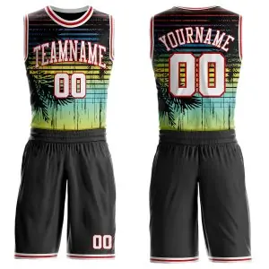 Custom Black White-Red Miami Beach Tropical Palm Tree Round Neck Sublimation Basketball Uniform Jersey